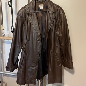 Vintage Together Brown Genuine Leather Belted Coat | Size M